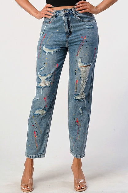 Distressed Splashed Paint Loose Fit Mom Jean