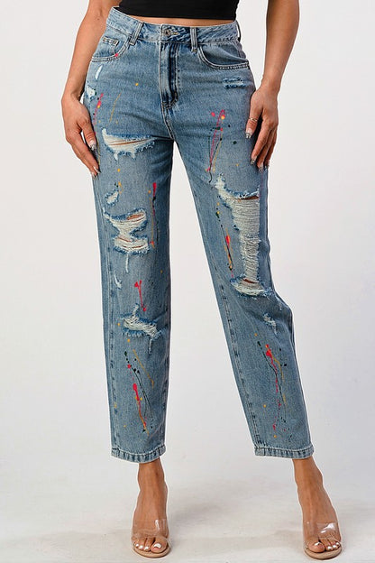 Distressed Splashed Paint Loose Fit Mom Jean