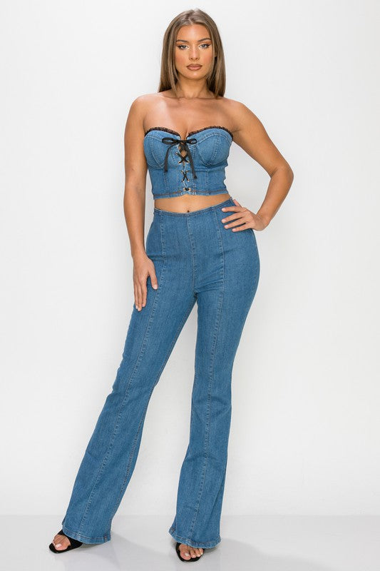 Lace Up Front To & Bell Bottom Pants Set