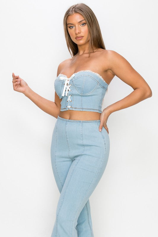 Lace Up Front To & Bell Bottom Pants Set