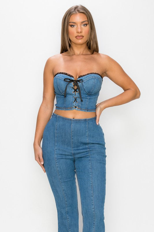 Lace Up Front To & Bell Bottom Pants Set