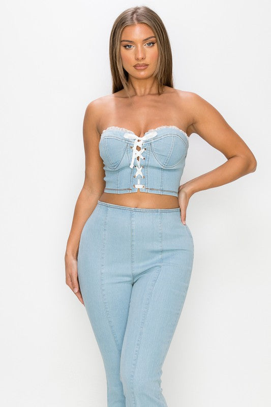 Lace Up Front To & Bell Bottom Pants Set