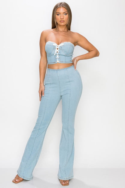 Lace Up Front To & Bell Bottom Pants Set