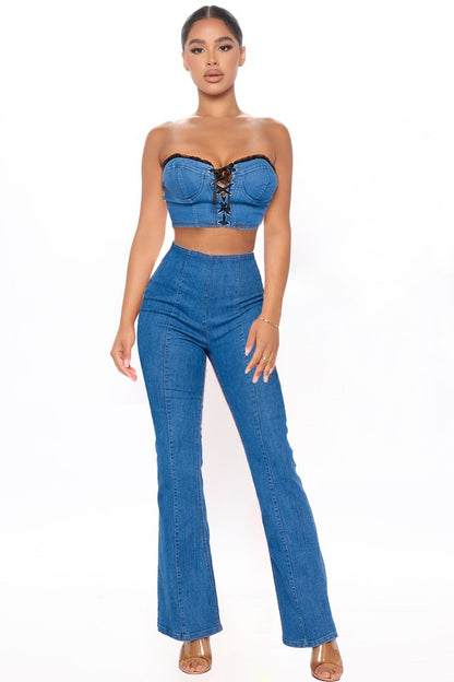 Lace Up Front To & Bell Bottom Pants Set