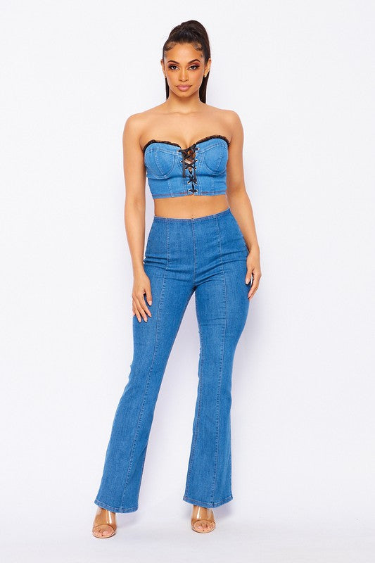 Lace Up Front To & Bell Bottom Pants Set