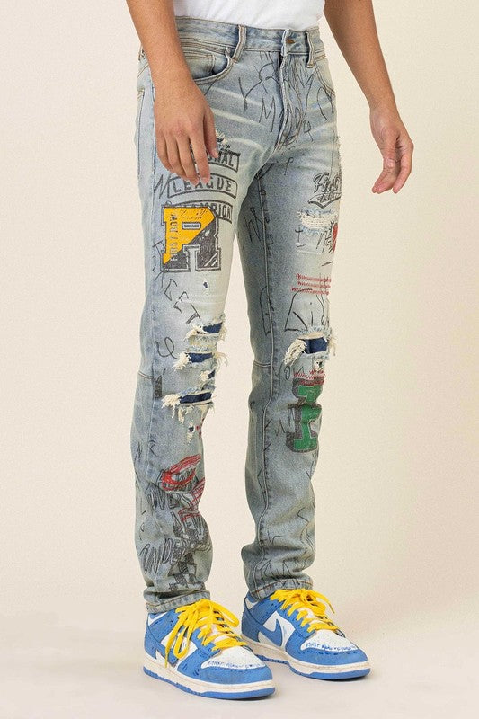 Men's All Over Doodling Slim Fit Jeans First Row