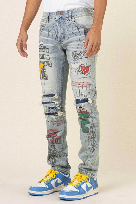 Men's All Over Doodling Slim Fit Jeans First Row