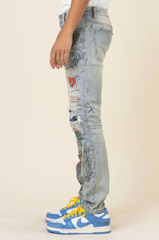 Men's All Over Doodling Slim Fit Jeans First Row