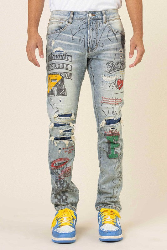 Men's All Over Doodling Slim Fit Jeans First Row