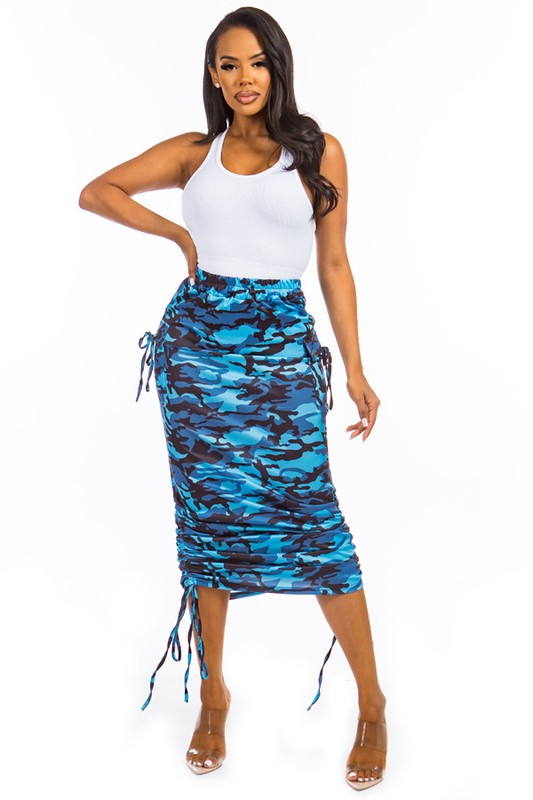 Ruched Camo Maxi Skirt - Blue