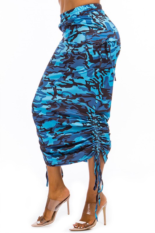 Ruched Camo Maxi Skirt - Blue