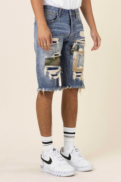 Men's Camo & Twill Patched Rip 7 Repaired Denim Shorts