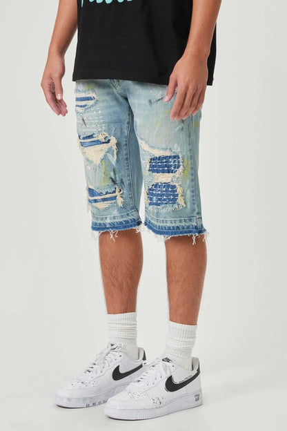 Men's Fabric Patch & Boro Stitched Denim Shorts First Row