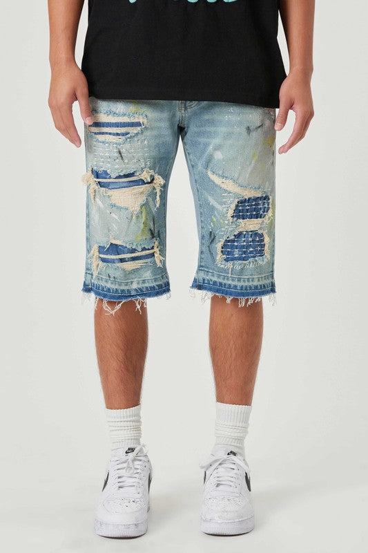 Men's Fabric Patch & Boro Stitched Denim Shorts First Row