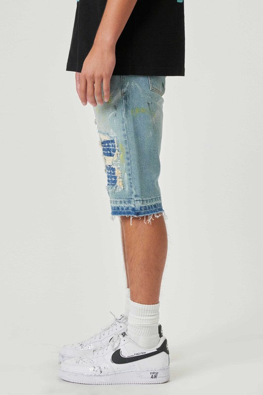 Men's Fabric Patch & Boro Stitched Denim Shorts First Row