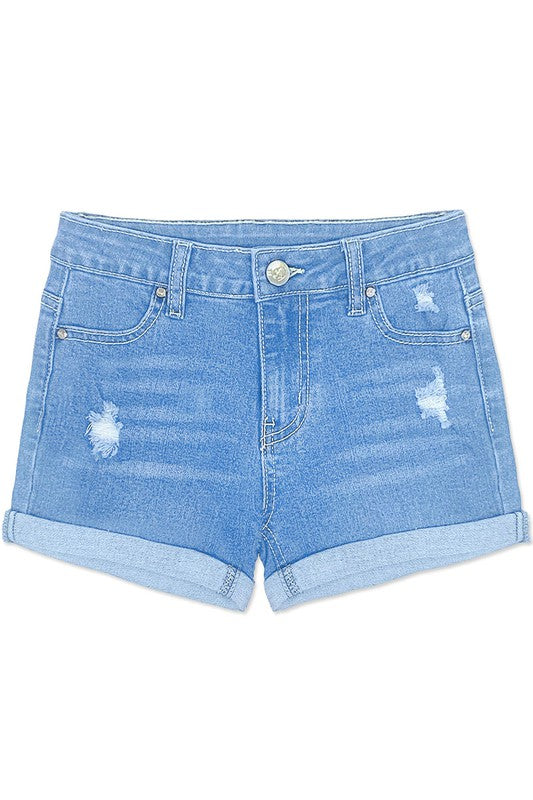 Girls Denim Short w/Distress & Double Roll-Up