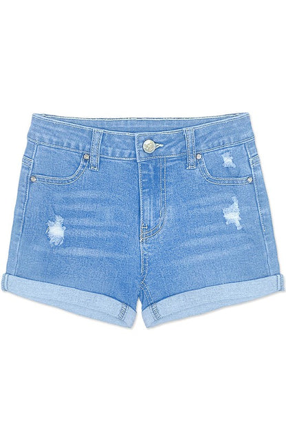 Girls Denim Short w/Distress & Double Roll-Up