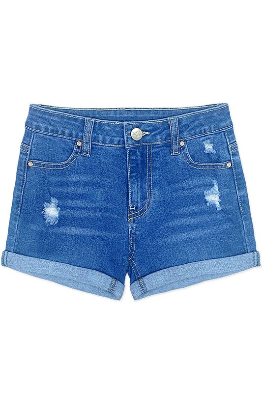 Girls Denim Short w/Distress & Double Roll-Up