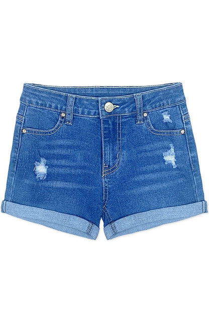 Girls Denim Short w/Distress & Double Roll-Up