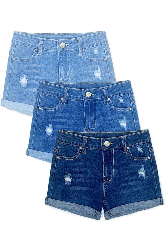 Girls Denim Short w/Distress & Double Roll-Up