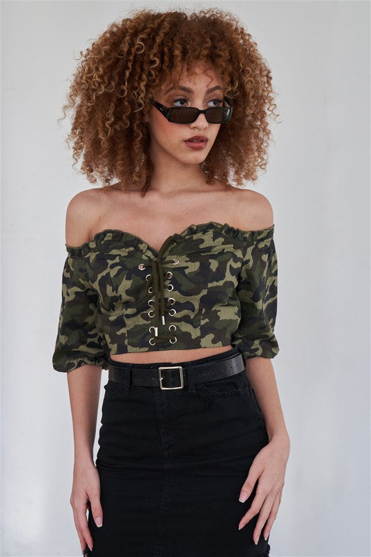 Camouflage Off The Shoulder Crop Top Tasha Apparel