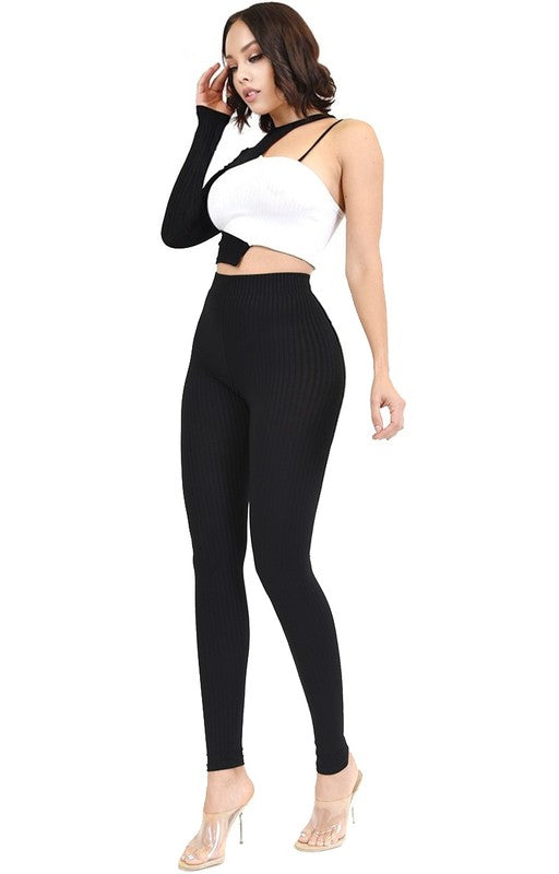 Black and White Color Block 2 Piece Legging Set