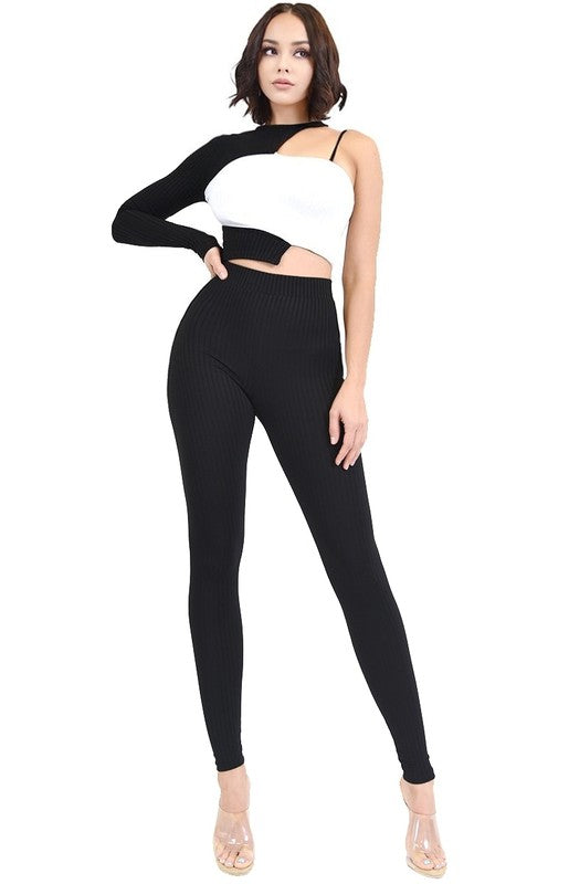 Black and White Color Block 2 Piece Legging Set