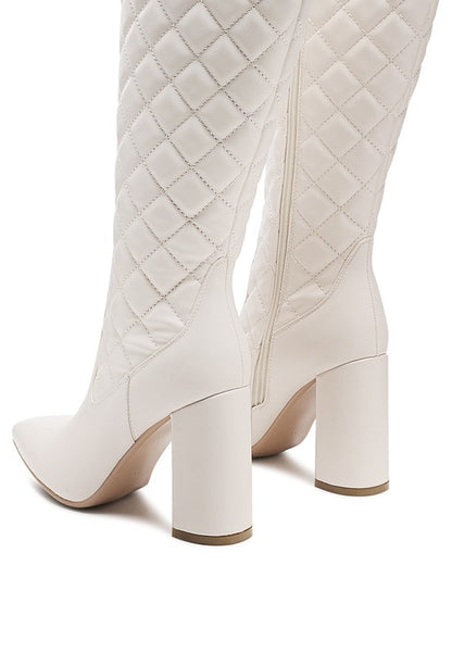 Quilt Knee Figh Block Heeled Boots