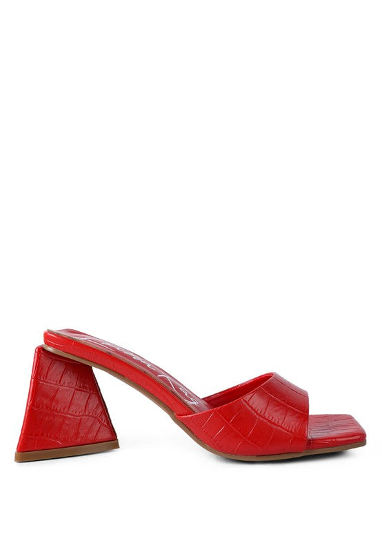 TRINITY TRIANGLE BLOCK HEELED CROC SANDALS