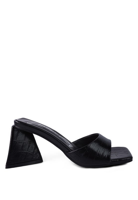 TRINITY TRIANGLE BLOCK HEELED CROC SANDALS