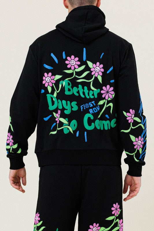 Men's Flower Graphic Terry Pullover Hoodie First Row