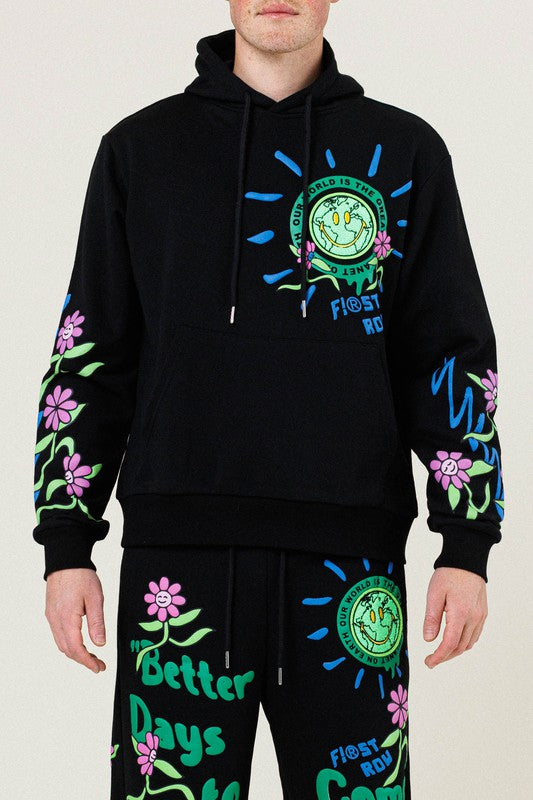 Men's Flower Graphic Terry Pullover Hoodie First Row