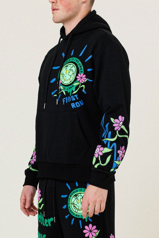 Men's Flower Graphic Terry Pullover Hoodie First Row