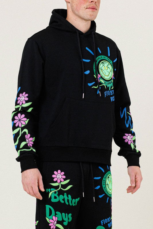 Men's Flower Graphic Terry Pullover Hoodie First Row