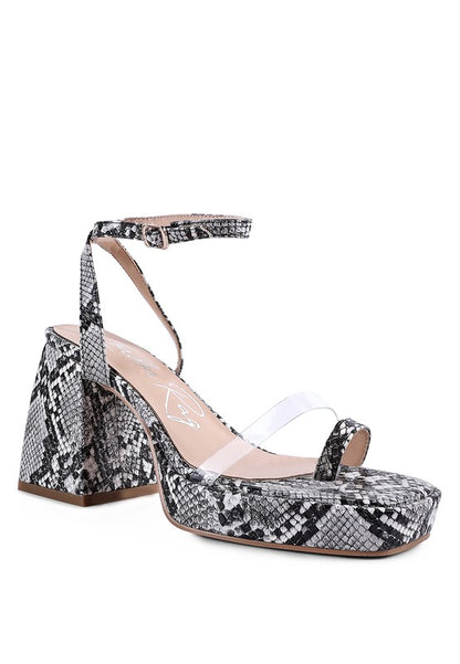 SUCH FLIRT SNAKE PATTERN BLOCK HEELED SANDALS