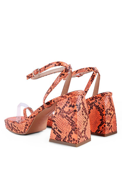 SUCH FLIRT SNAKE PATTERN BLOCK HEELED SANDALS