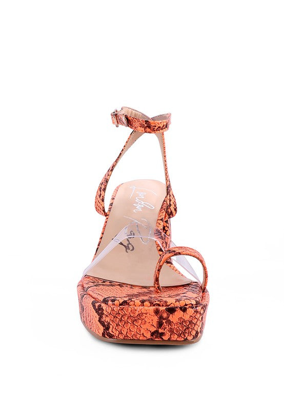 SUCH FLIRT SNAKE PATTERN BLOCK HEELED SANDALS