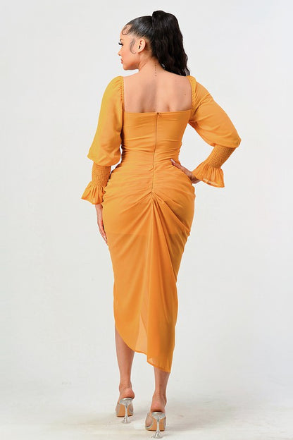 Summer solid yellow long sleeve chiffon dress