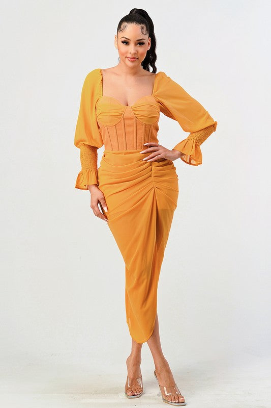 Summer solid yellow long sleeve chiffon dress