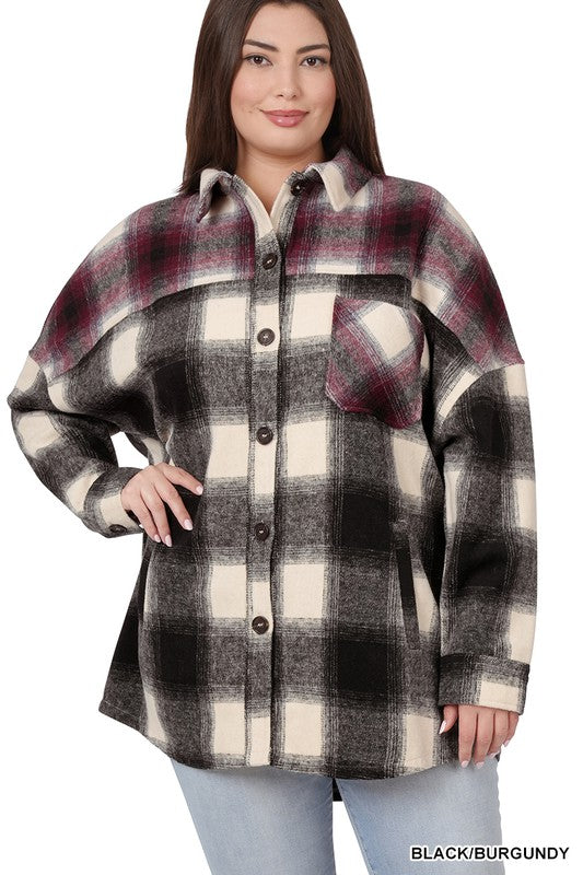 Plus+ Oversized yarn Dyed Plaid Longline Shacket