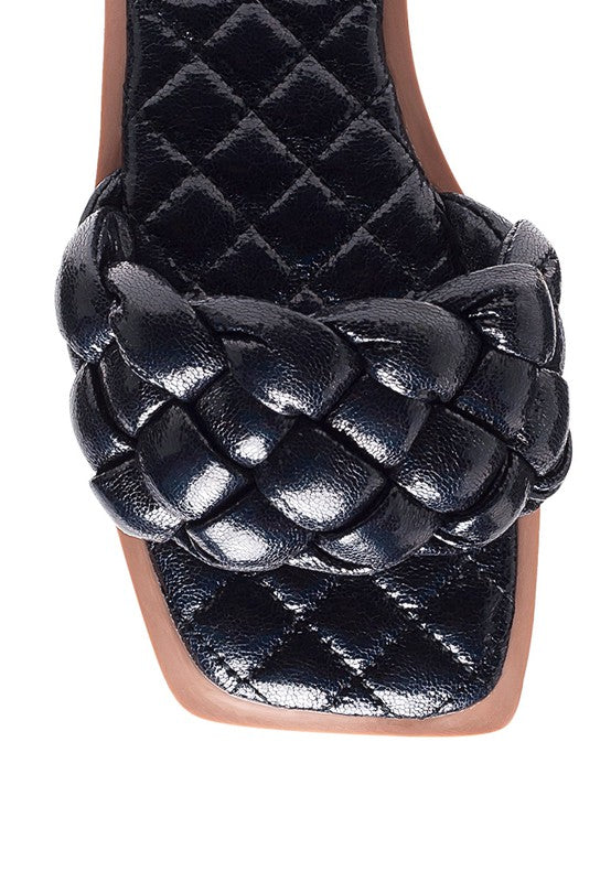 Marcue Patent PU Quilted Slides in Woven Straps