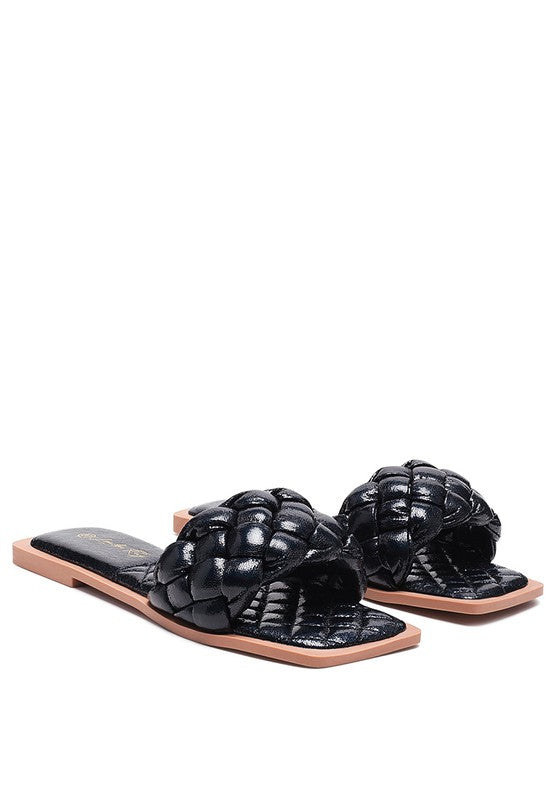 Marcue Patent PU Quilted Slides in Woven Straps