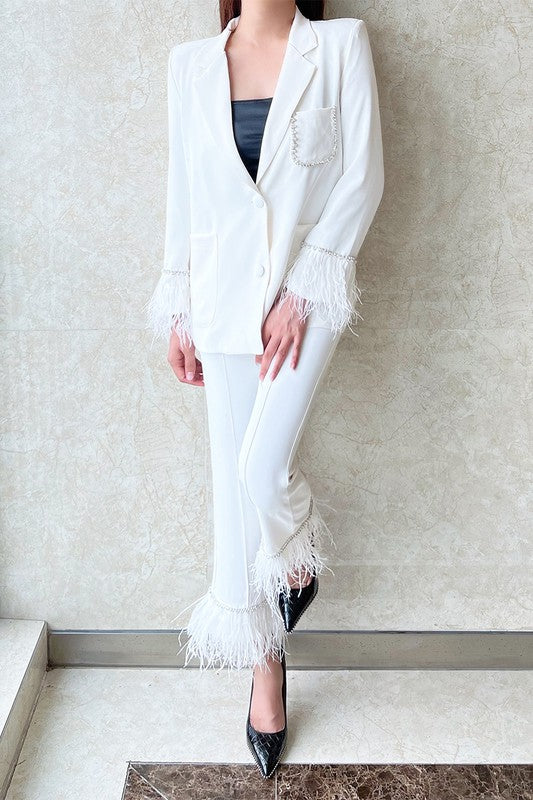 Feather and Rhinestone Trim Blazer Set