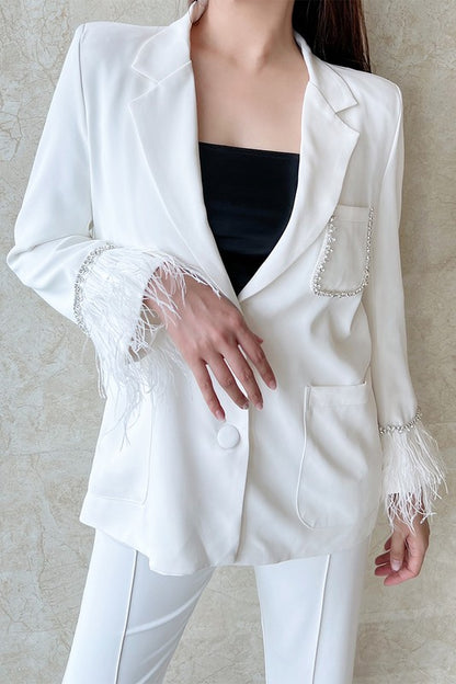 Feather and Rhinestone Trim Blazer Set