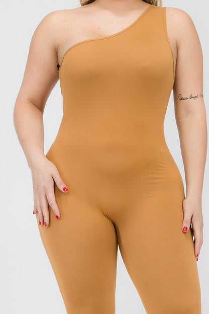 Plus Size Solid Color One Shoulder Jumpsuit