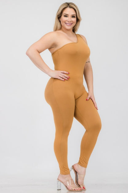 Plus Size Solid Color One Shoulder Jumpsuit