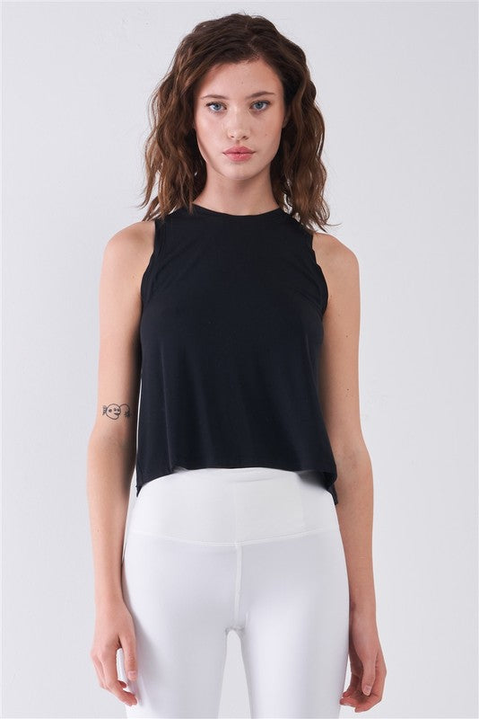 Sleeveless Crew Neck Ribbed Split Back Top Tasha Apparel