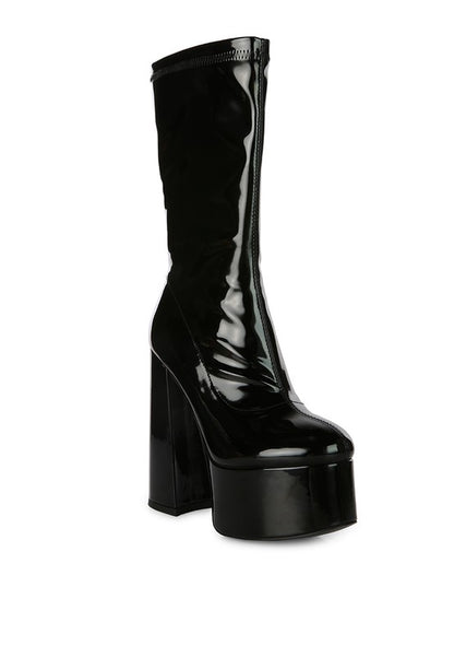 VINKELE Patent PU Platform Heeled Calf Boots