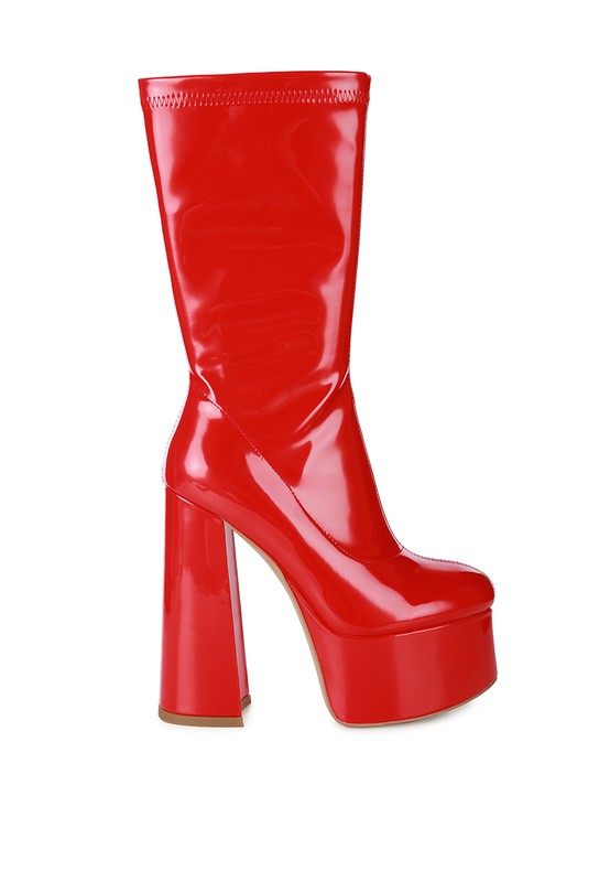 VINKELE Patent PU Platform Heeled Calf Boots