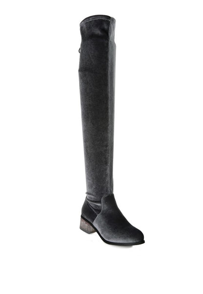 RUMPLE Velvet Knee High Clear Heel Boots